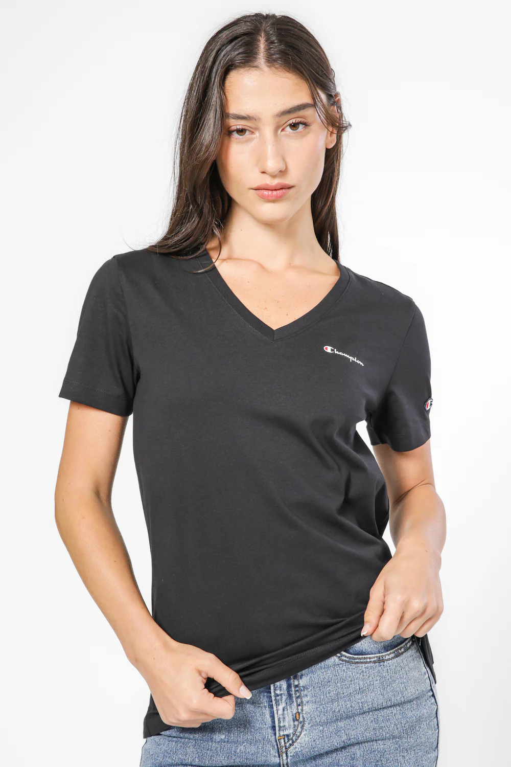 טישירט לנשים Crewneck V Neck בצבע שחור