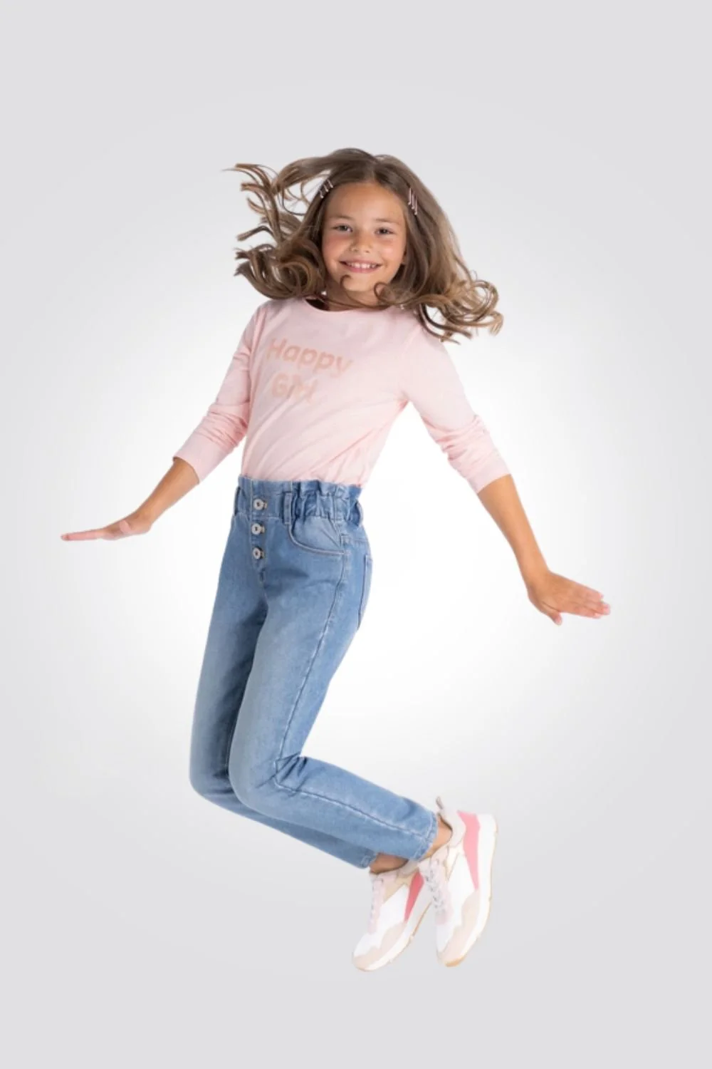 טישירט ילדות ורודה שרוולים ארוכים עם הדפס HAPPY GIRL - Image 2